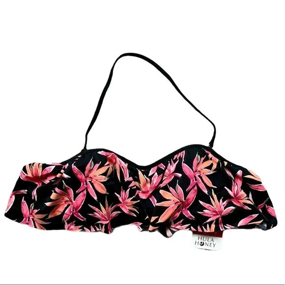 Hula Honey Paradise Flounce Floral Swim Top Black Pink Tropical - Picture 3 of 7